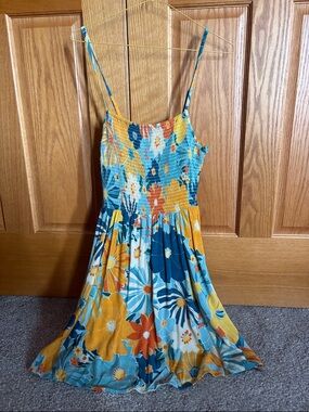 Floral Smocked Sundress in Teal, Mustard & Orange